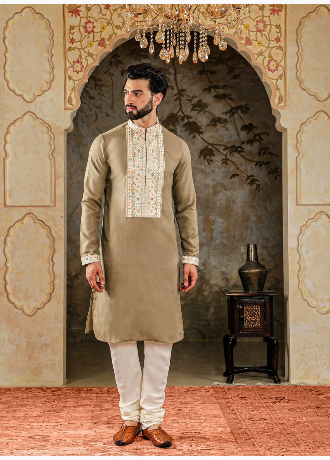 Brown Embroidered Kurta Pajama Set